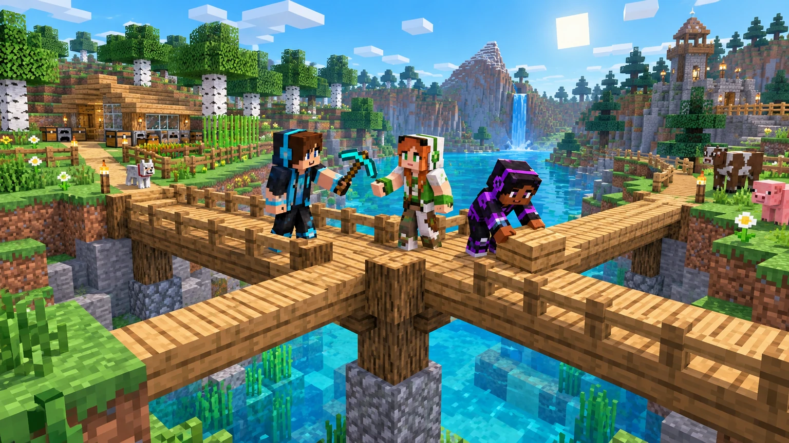 Three Minecraft players exchange a pickaxe and finish a shared bridge where their paths meet above a river.