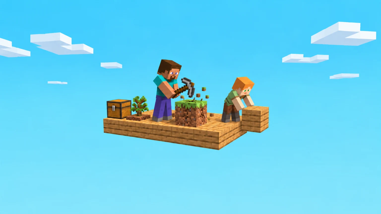 Steve mines a single regenerating block while Alex extends a small wooden platform suspended in the sky.