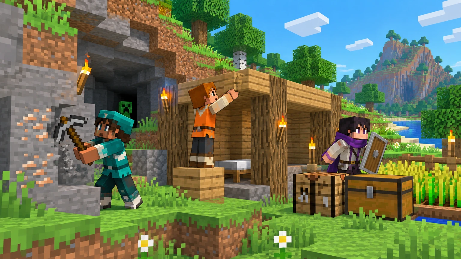 Three Minecraft adventurers mine iron, build a wooden shelter and guard their shared base beside a cave.